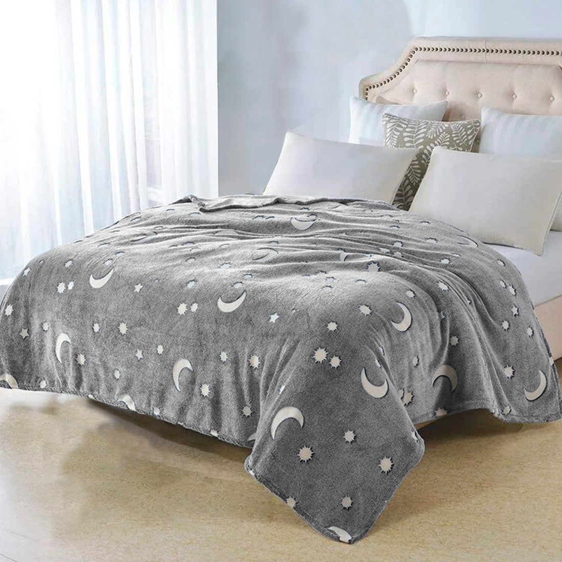Couverture polaire magique enfant Etoiles Fluorescent Lune Gris Polaire 170x180
