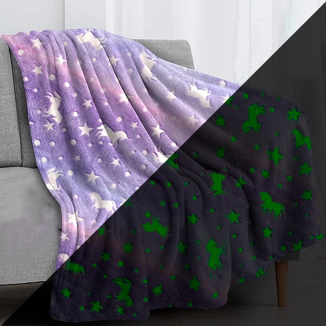 Couverture Magique Enfant Lilas Fluorescent Licorne Carrés Polaires 170x180cm
