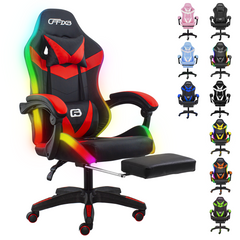 Chaise de jeu bureau avec éclairage LED, appuie-tête similicuir et repose-pieds