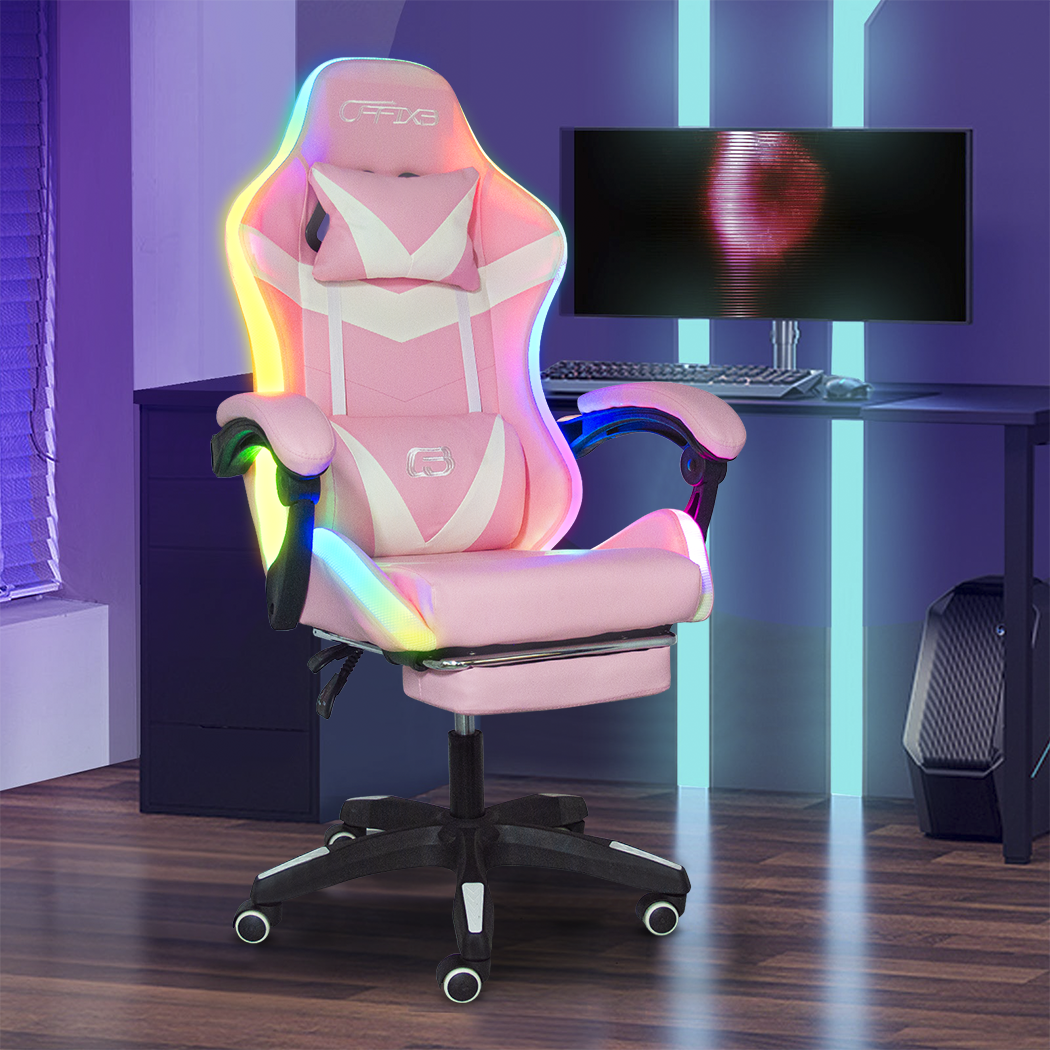 Chaise de jeu bureau avec éclairage LED, appuie-tête similicuir et repose-pieds