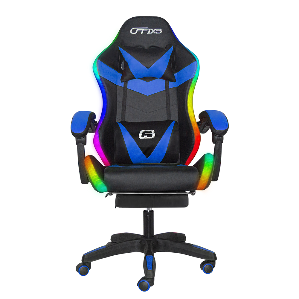 Chaise de jeu bureau avec éclairage LED, appuie-tête similicuir et repose-pieds