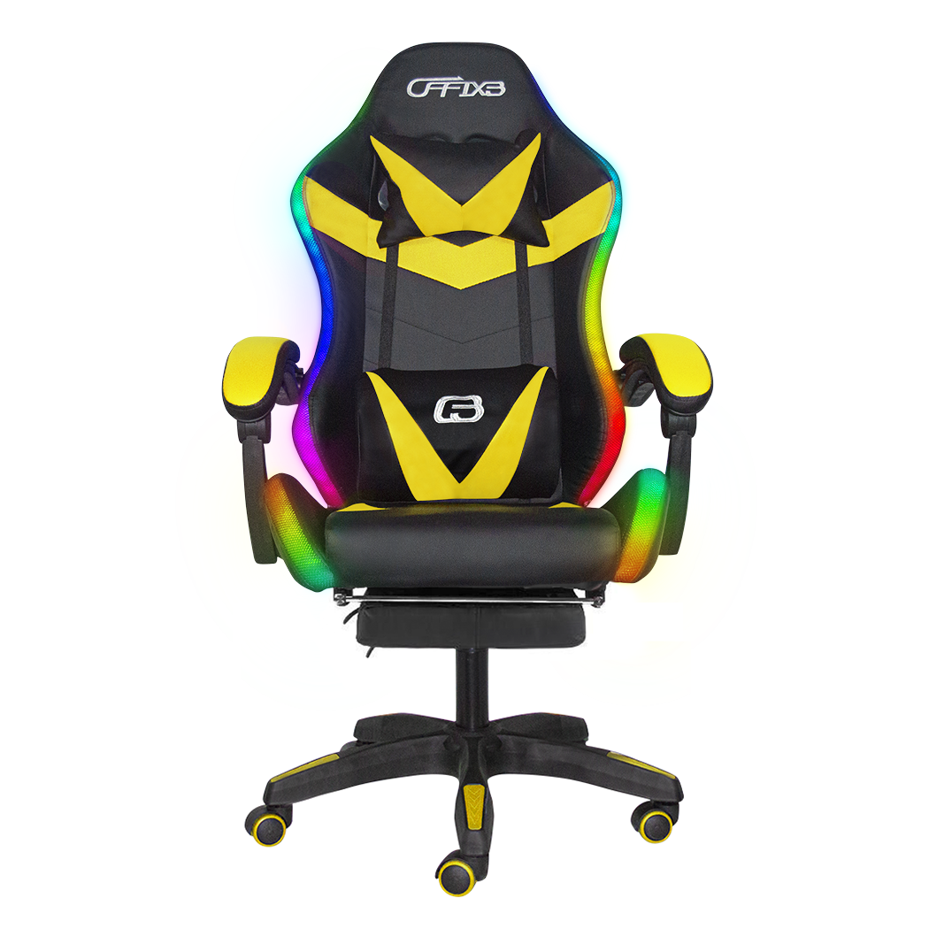 Chaise de jeu bureau avec éclairage LED, appuie-tête similicuir et repose-pieds