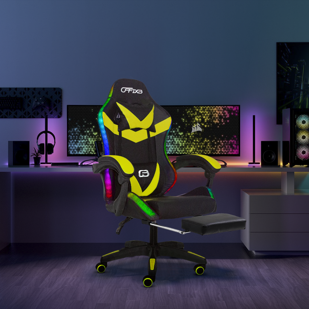 Chaise de jeu bureau avec éclairage LED, appuie-tête similicuir et repose-pieds
