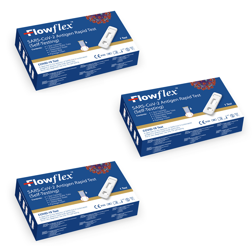 Lot de 3 Tests Hygiéniques Rapides Flowflex Sars-Cov-2 Autodiagnostic COVID-19