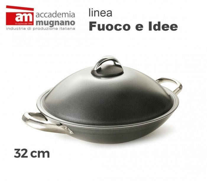 Wok avec couvercle 32 cm - Académie d'aluminium pur Mugnano Ligne FUOCO & IDEE