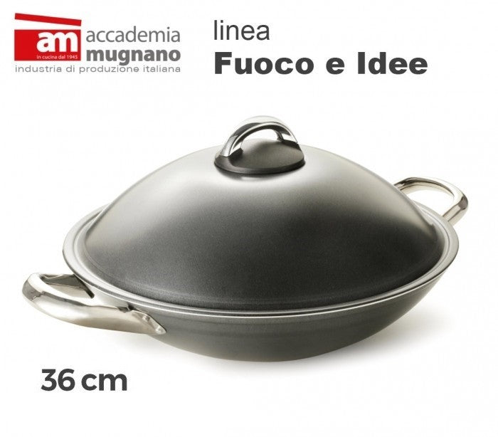 Wok avec couvercle 36 cm - Académie d'aluminium pur Mugnano Ligne FUOCO & IDEE