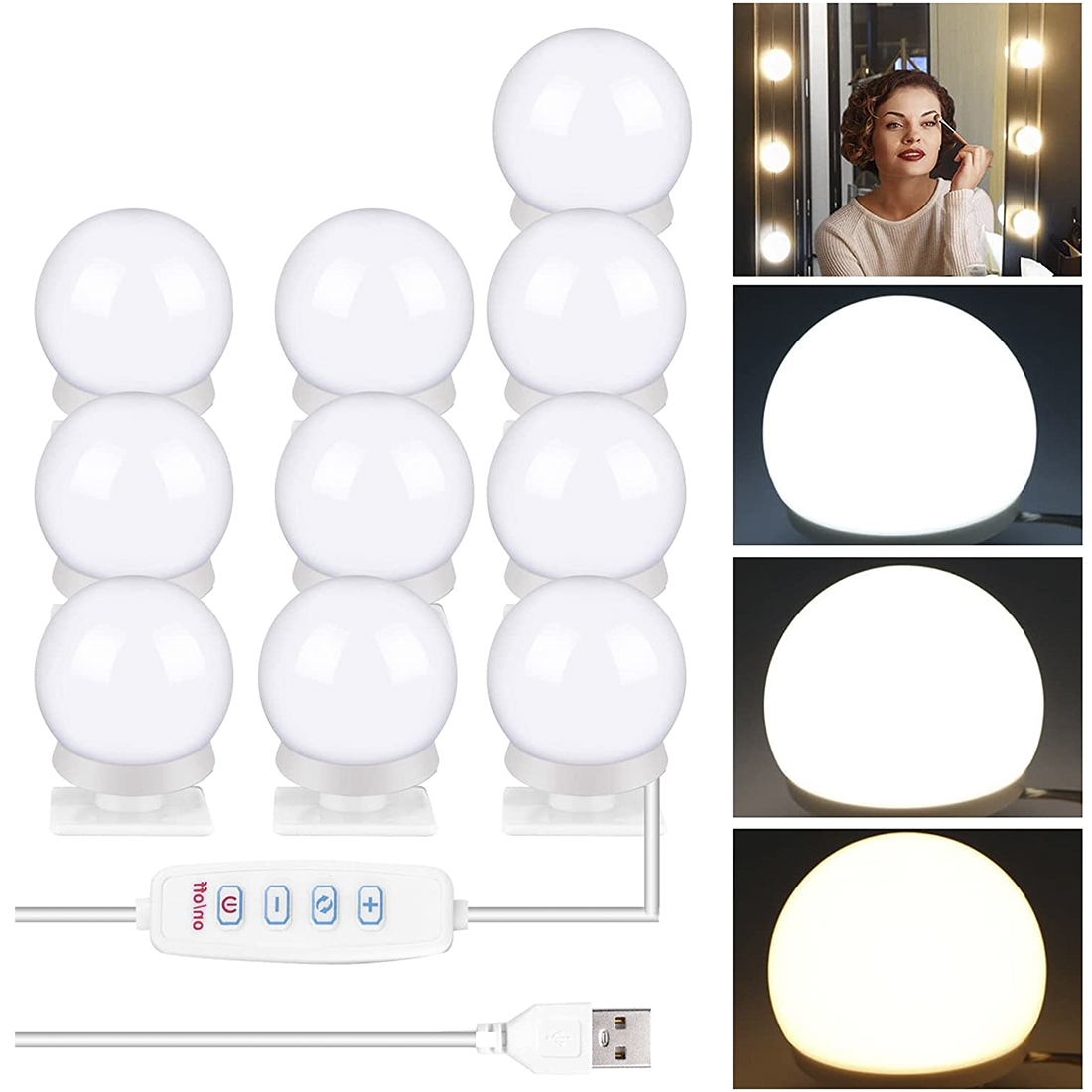 Ensemble 10 ampoules LED pour coiffeuse avec régulateur d'intensité et câble USB