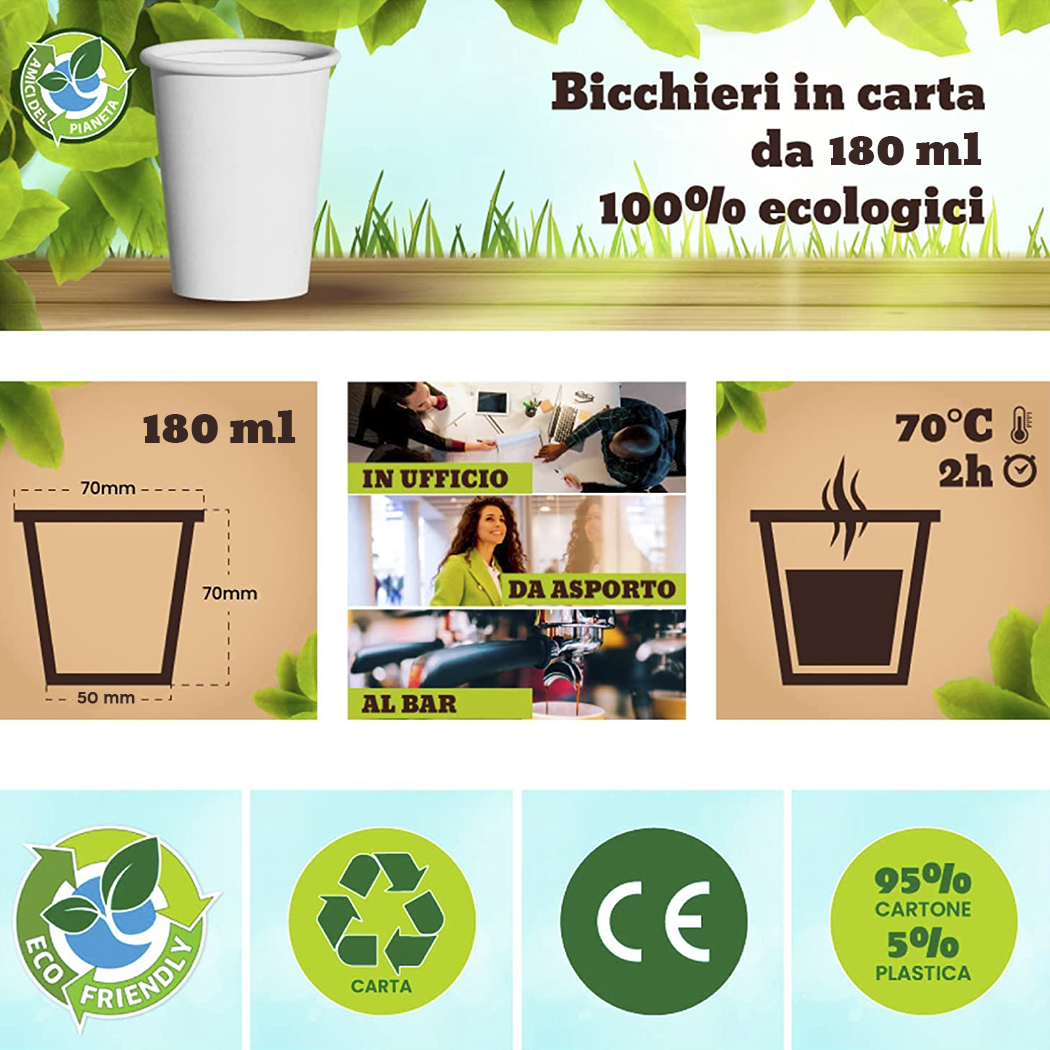 50 gobelets carton 180ml biodégradables compostables à usage unique pour café