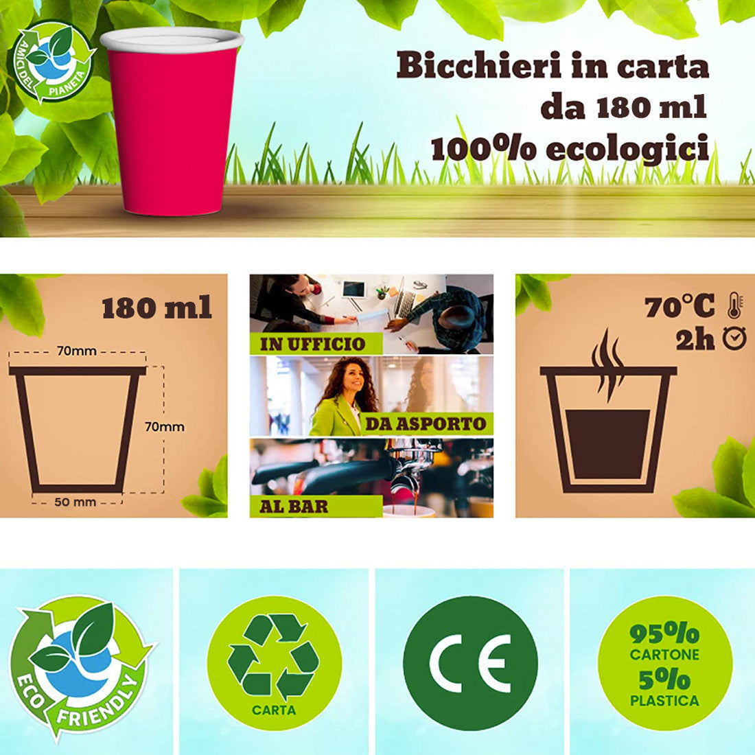 Pack 1000 verres en carton Rouge 180 ml jetables, biodégradables et compostables