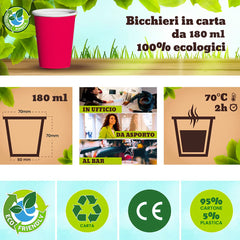 Pack 1000 verres en carton Rouge 180 ml jetables, biodégradables et compostables