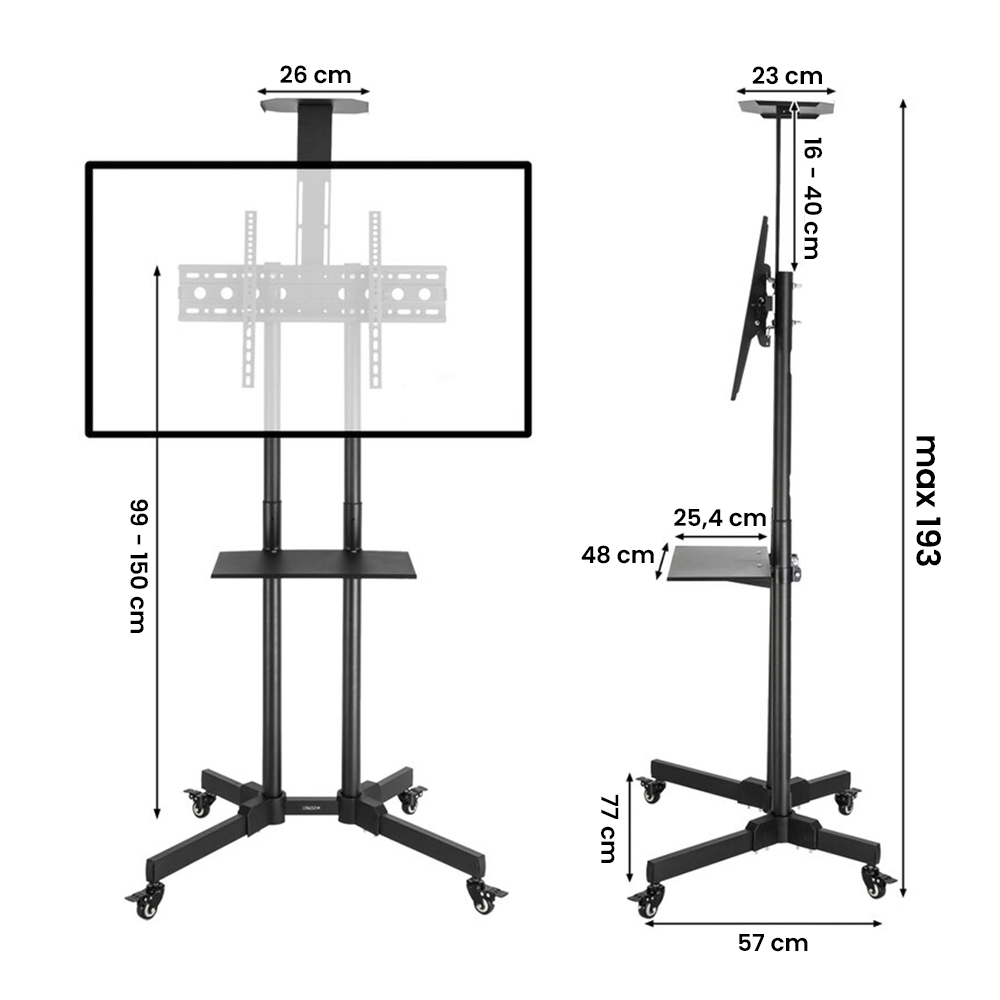 Support de chariot TV à 4 roues pivotantes pour téléviseurs mobiles jusqu'à 50kg