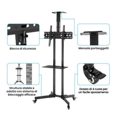 Support de chariot TV à 4 roues pivotantes pour téléviseurs mobiles jusqu'à 50kg