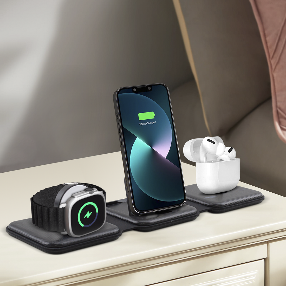 Base de charge magnétique 3 en 1 Chargeur sans fil pliable, deux couleurs