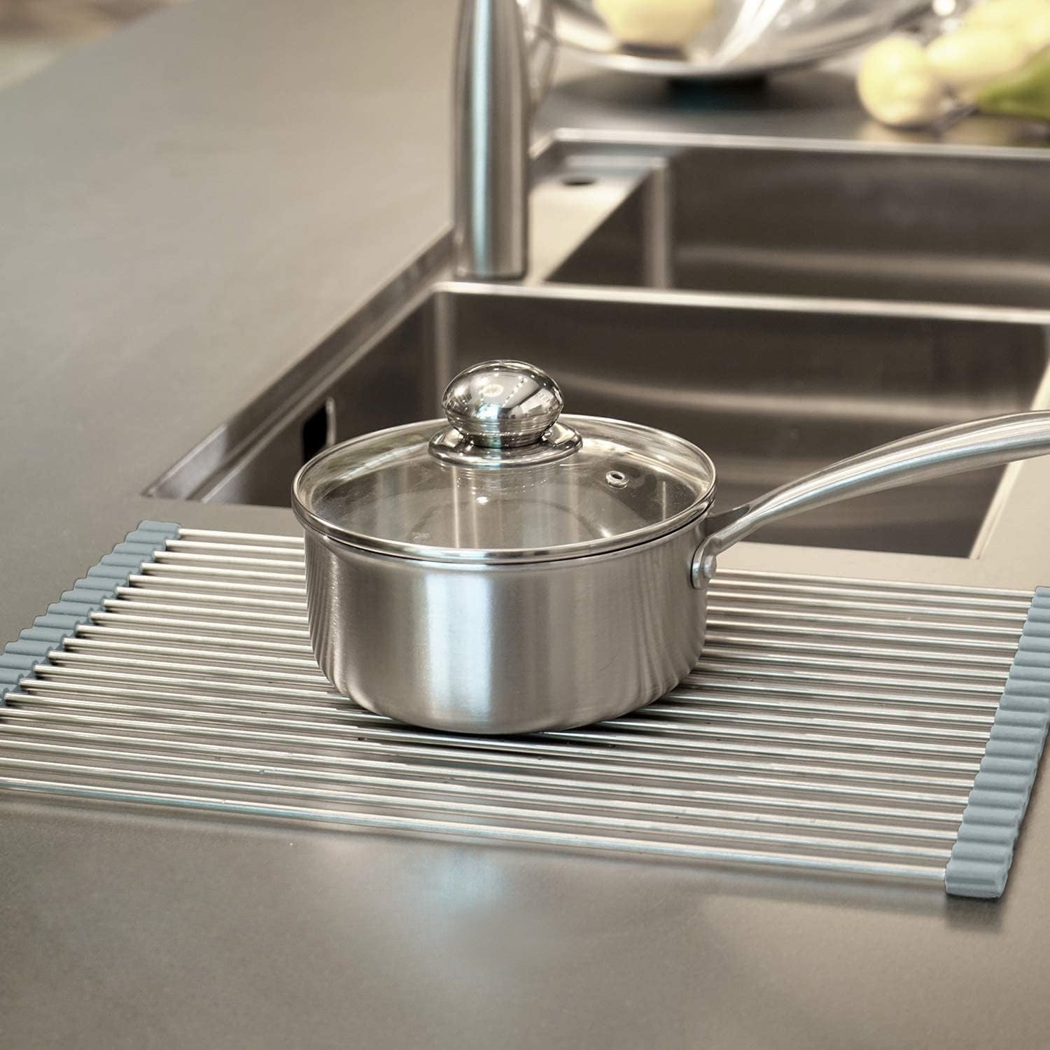 Égouttoir Pliable pour Évier Gain de Place en Acier Multifonction Gris 36x47.4cm