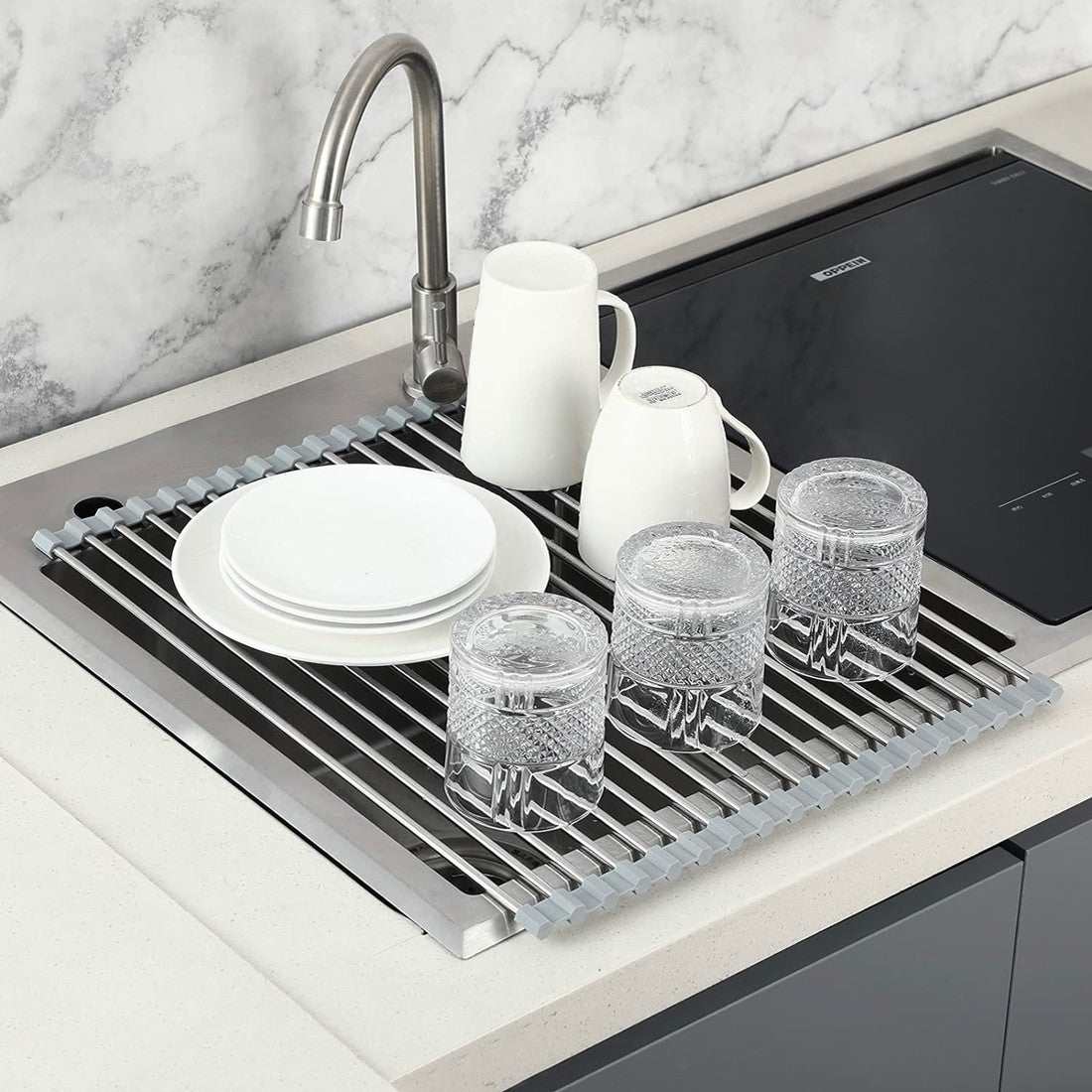 Égouttoir Pliable pour Évier Gain de Place en Acier Multifonction Gris 36x47.4cm