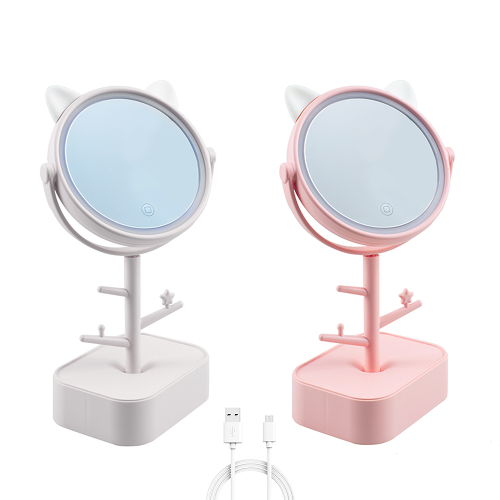 Miroir cosmétique lumière LED rechargeable pour table B0257 avec porte-bijoux