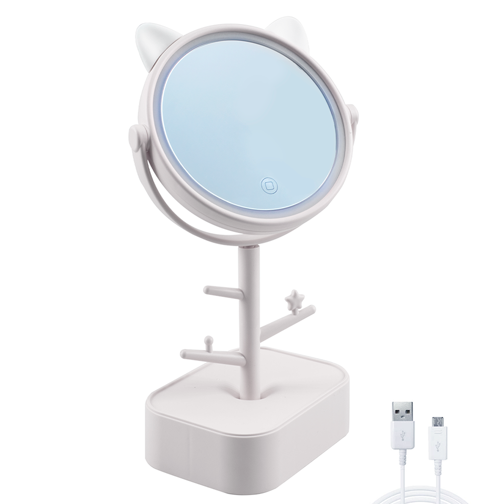Miroir cosmétique lumière LED rechargeable pour table B0257 avec porte-bijoux