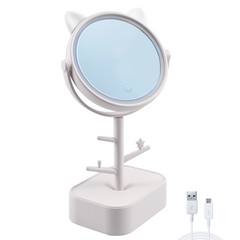 Miroir cosmétique lumière LED rechargeable pour table B0257 avec porte-bijoux