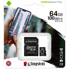 Kingston Canvas Select Plus SDCS2/64GB Carte MicroSD Class 10 avec Adaptateur SD