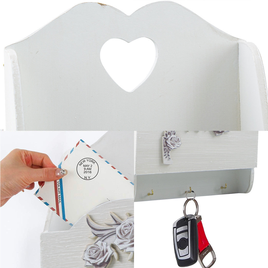 Organiseur mural bois lettres avec 2 compartiments décoration Shabby 29x6x18cm