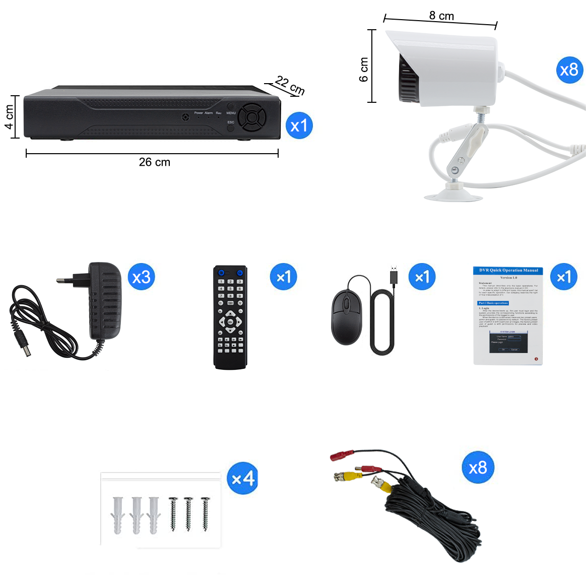 Kit de vidéosurveillance avec 8 caméras H.264, télécommande Infrarouge Full HD