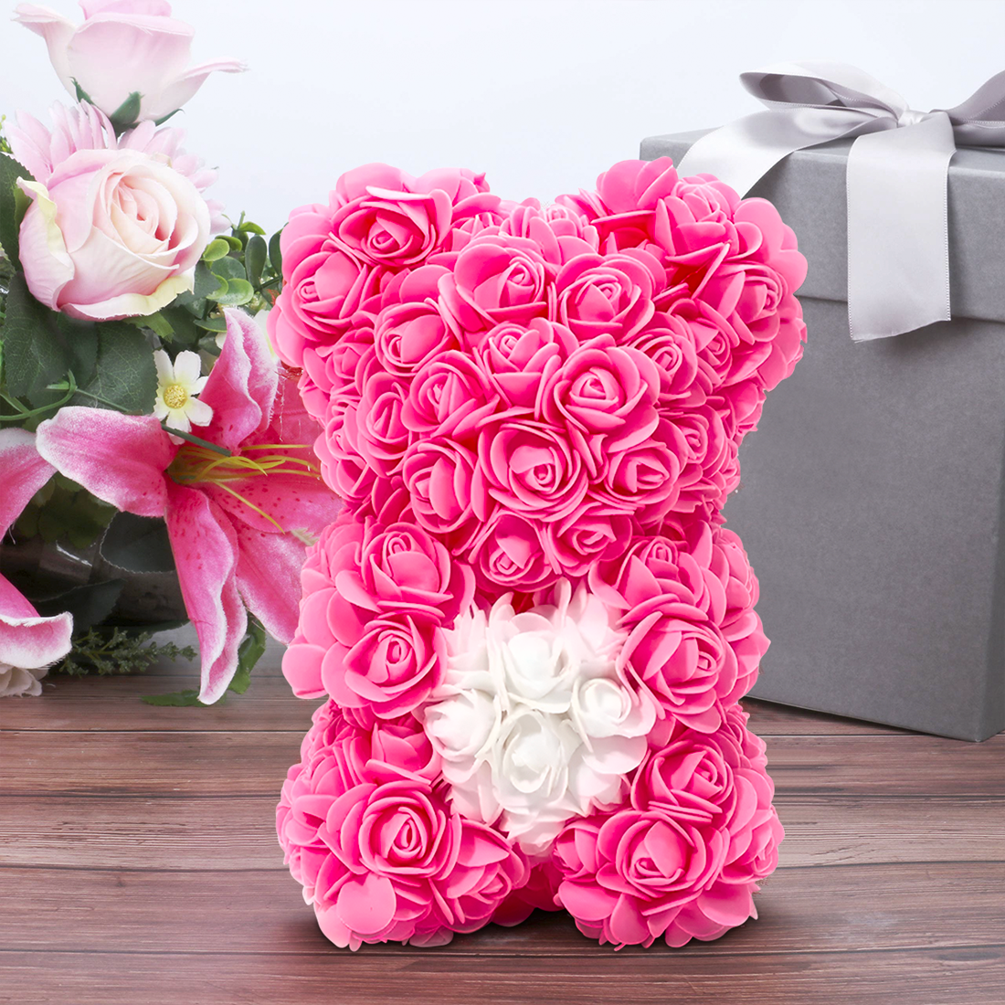 Ours Rose Artificiel H25cm avec Emballage Transparent, Idée Cadeau