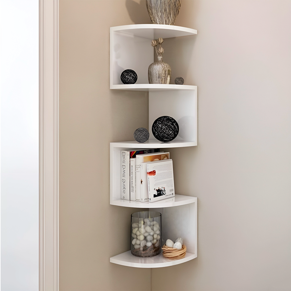 Étagère d'angle murale blanche mobile Bibliothèque 5 étagères Économie d'espace
