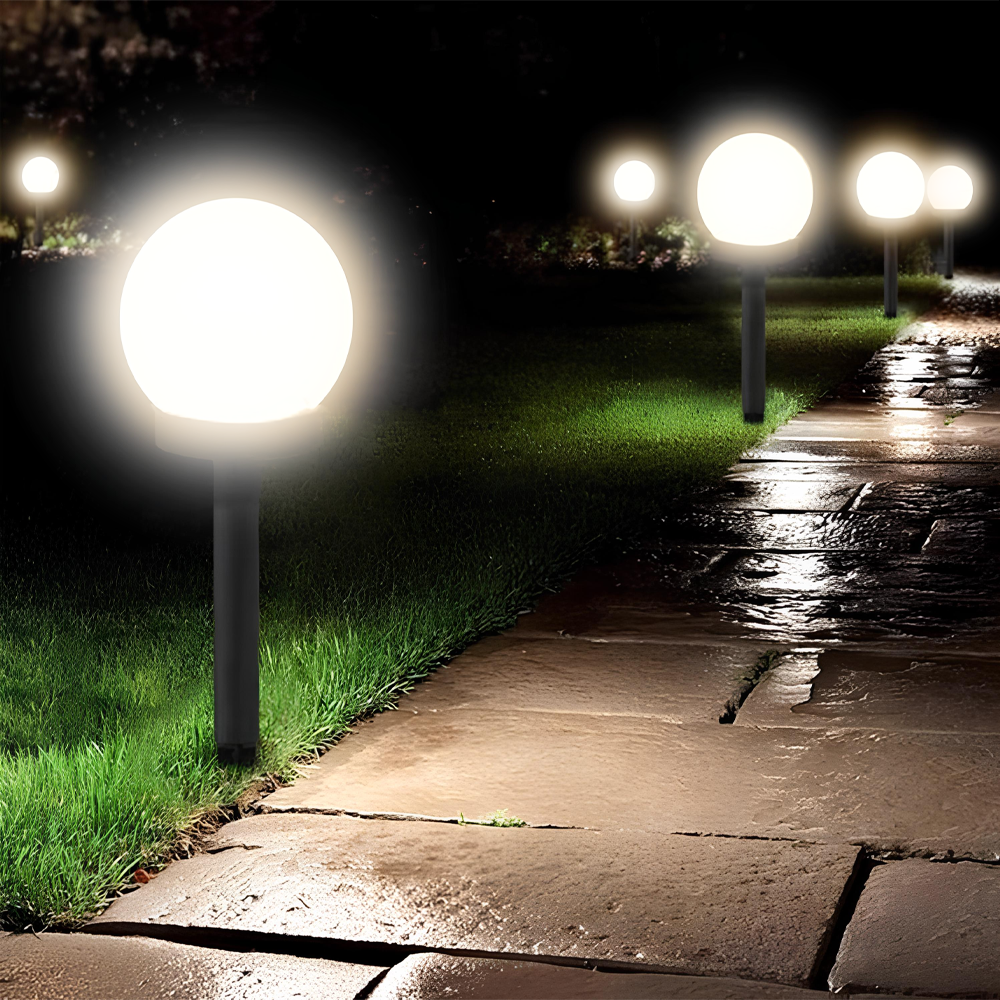 Pack 4 lampes solaires sphériques rechargeables de 15 cm avec piquet pour jardin