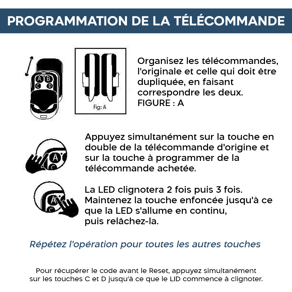 4 pz Télécommande universelle 4 canaux 433 MHz multifonction poche avec crochet