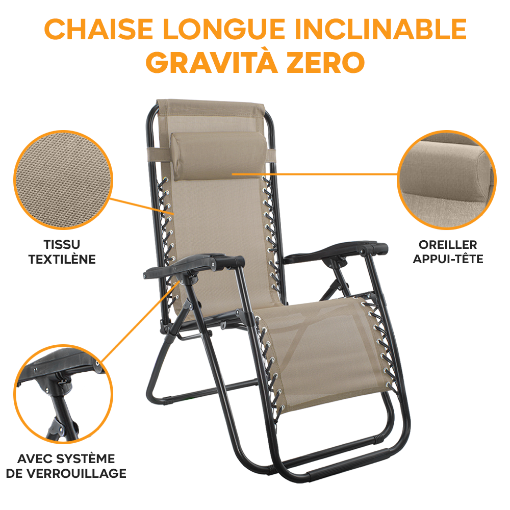 Set 2 chaises pliantes Gravità Zero avec dossier inclinable poltrona textilène