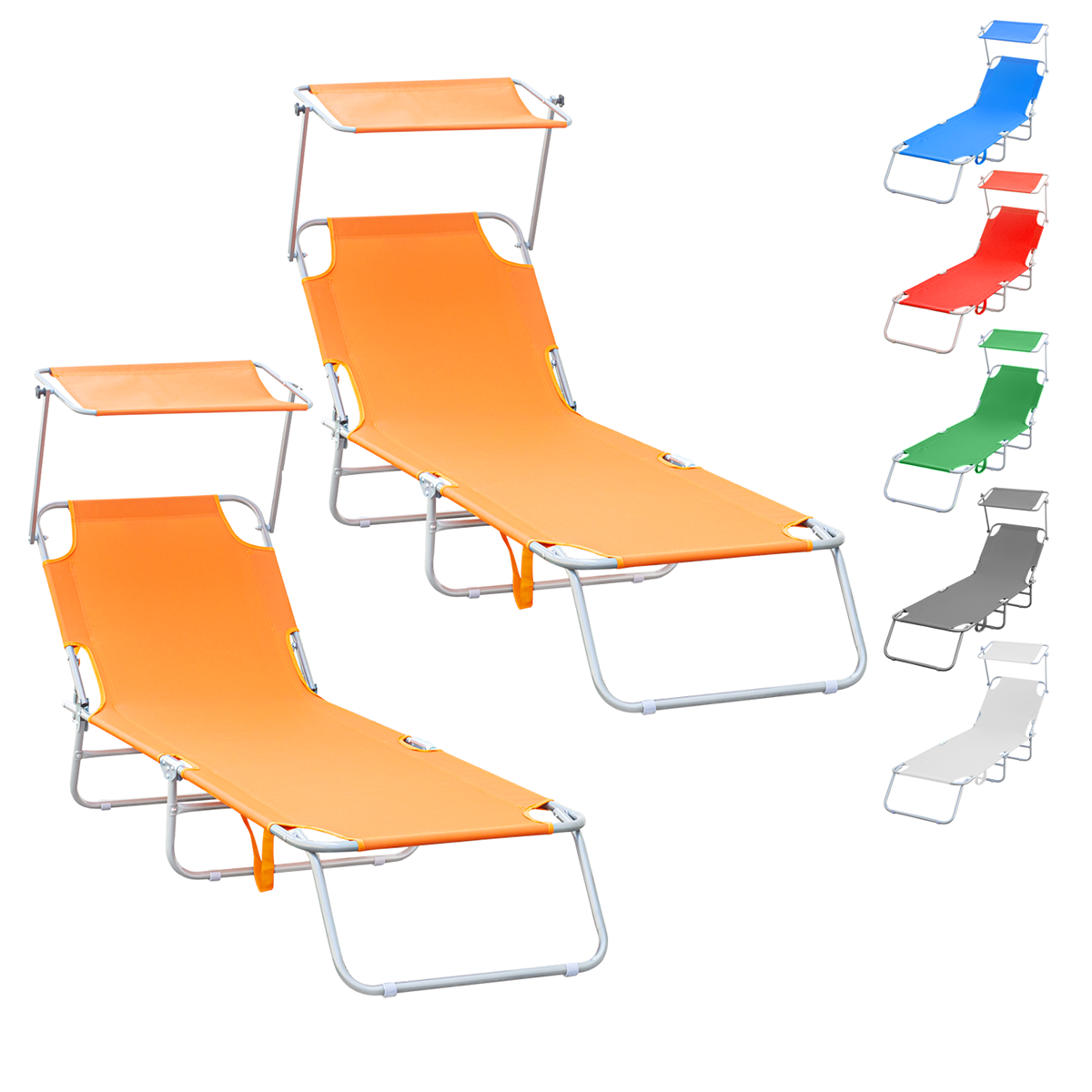 Chaises longues pliantes 2 pièces dossier inclinable et pare-soleil acier 2309P
