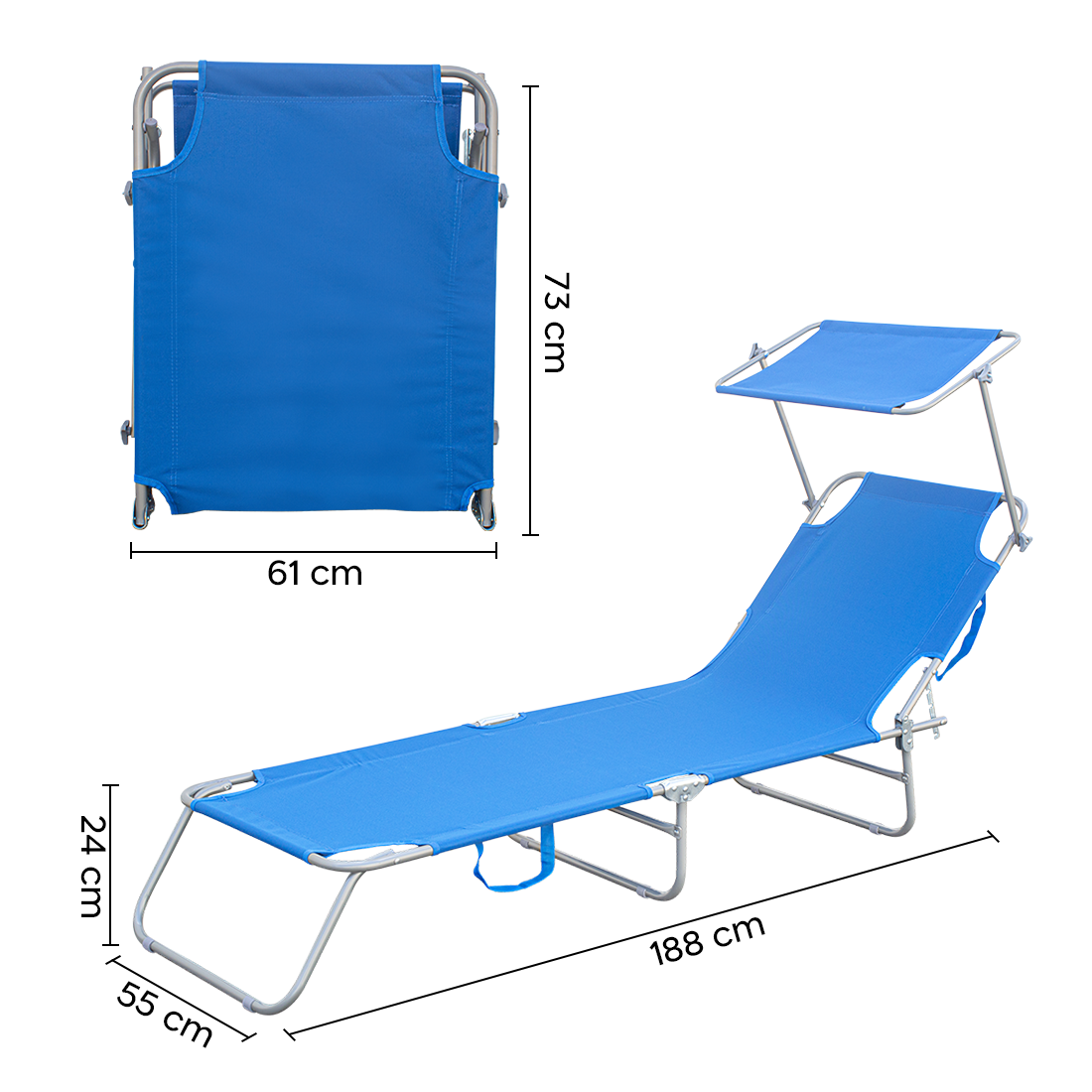 Chaises longues pliantes 2 pièces dossier inclinable et pare-soleil acier 2309P