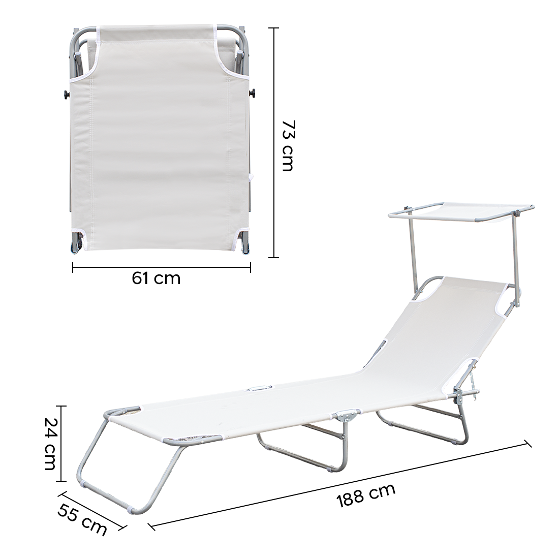 Chaises longues pliantes 2 pièces dossier inclinable et pare-soleil acier 2309P