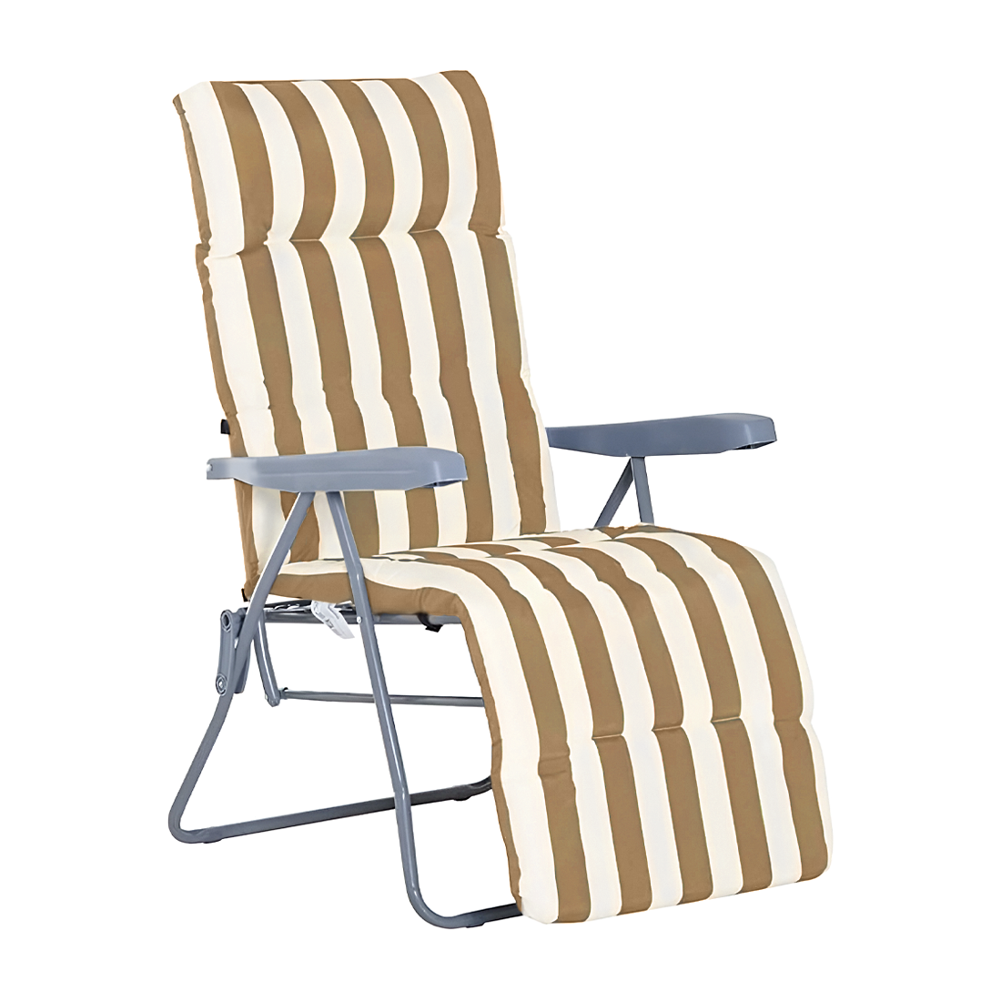Chaise longue inclinable acier coussin rembourré à rayures et dossier ajustable.