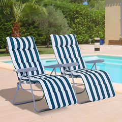 Chaise longue inclinable acier coussin rembourré à rayures et dossier ajustable.