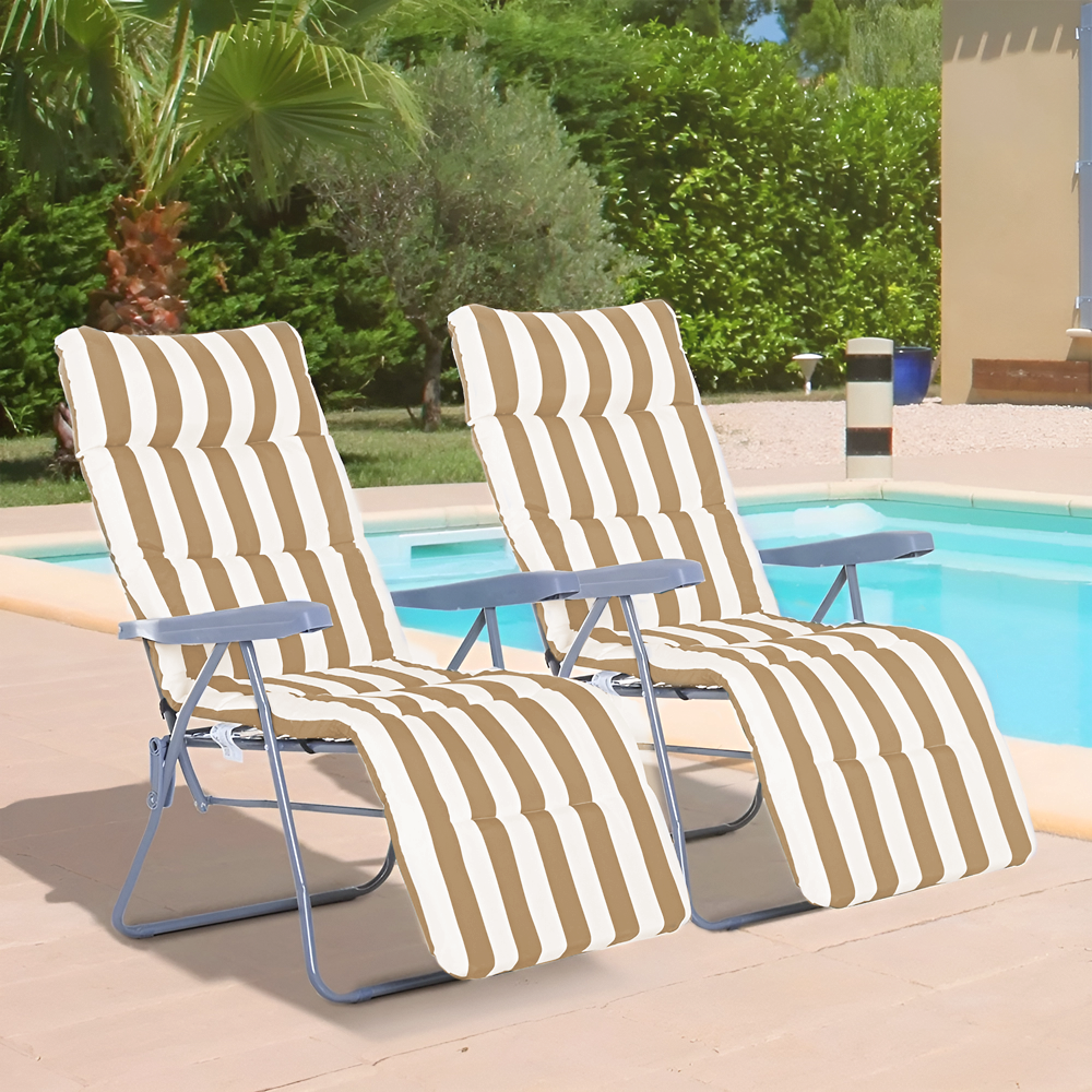 Chaise longue inclinable acier coussin rembourré à rayures et dossier ajustable.