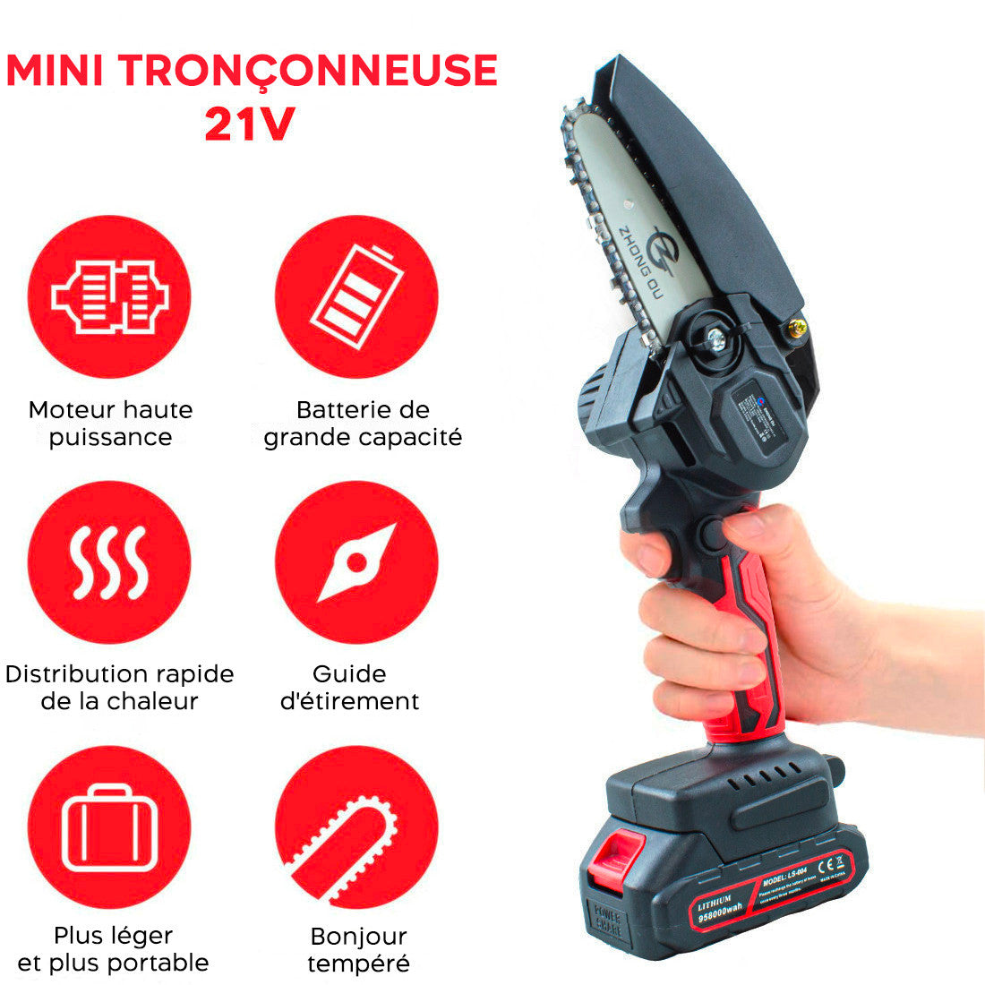 Mini Tronçonneuse Double Batterie 21V Sans Fil 4 Pouces avec Étui