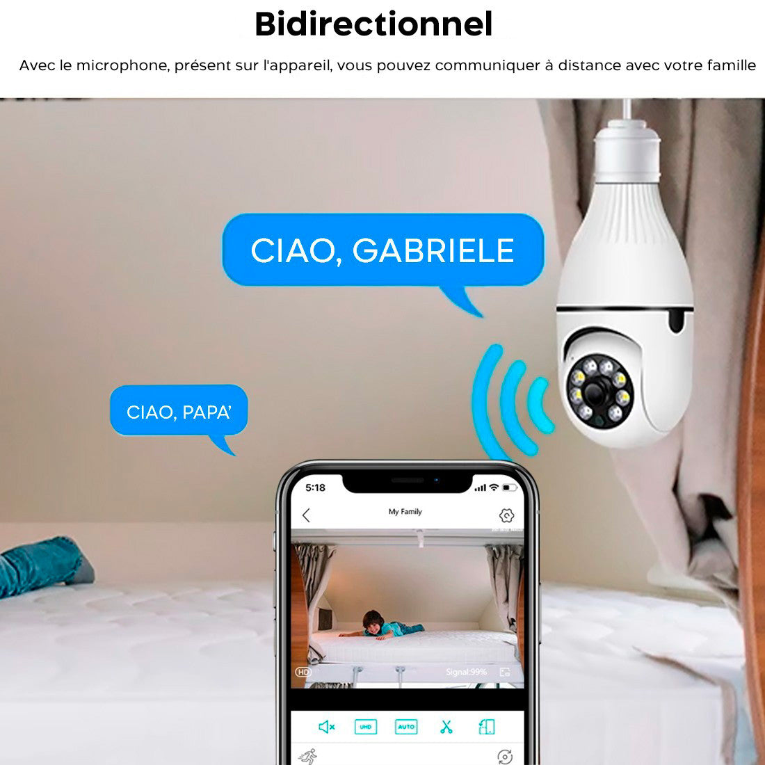 2 pièces Caméra Wi-Fi lampe cachée ampoule intérieure et extérieure Zoom