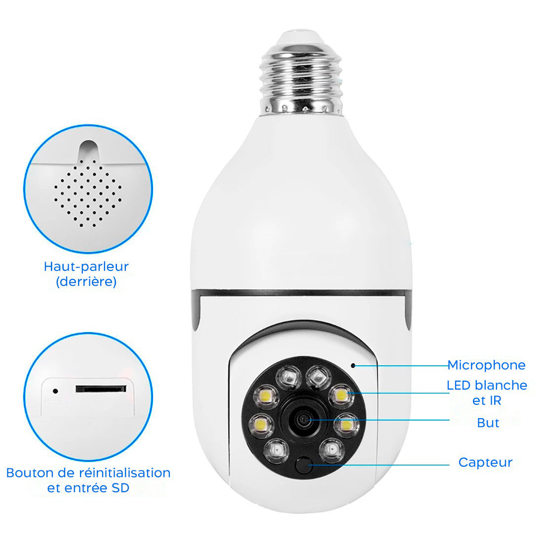 4 pièces Caméra Wi-Fi, lampe cachée, ampoule intérieure et extérieure, Zoom