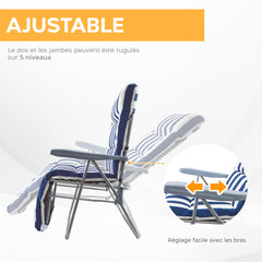 Chaise longue inclinable acier coussin rembourré à rayures et dossier ajustable.