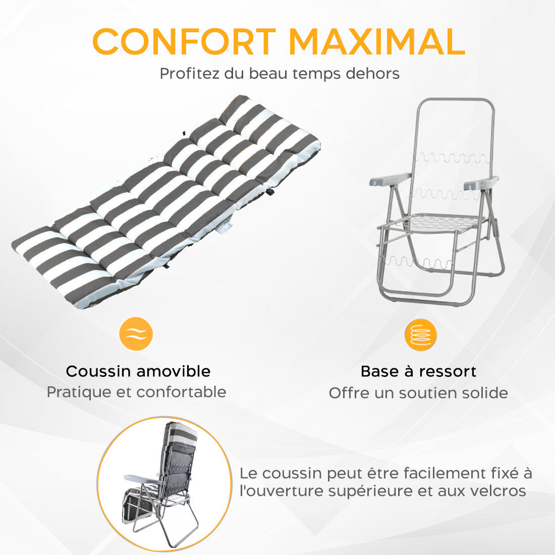 Chaise longue inclinable acier coussin rembourré à rayures et dossier ajustable.