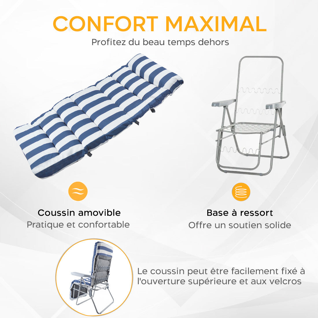 Chaise longue inclinable acier coussin rembourré à rayures et dossier ajustable.
