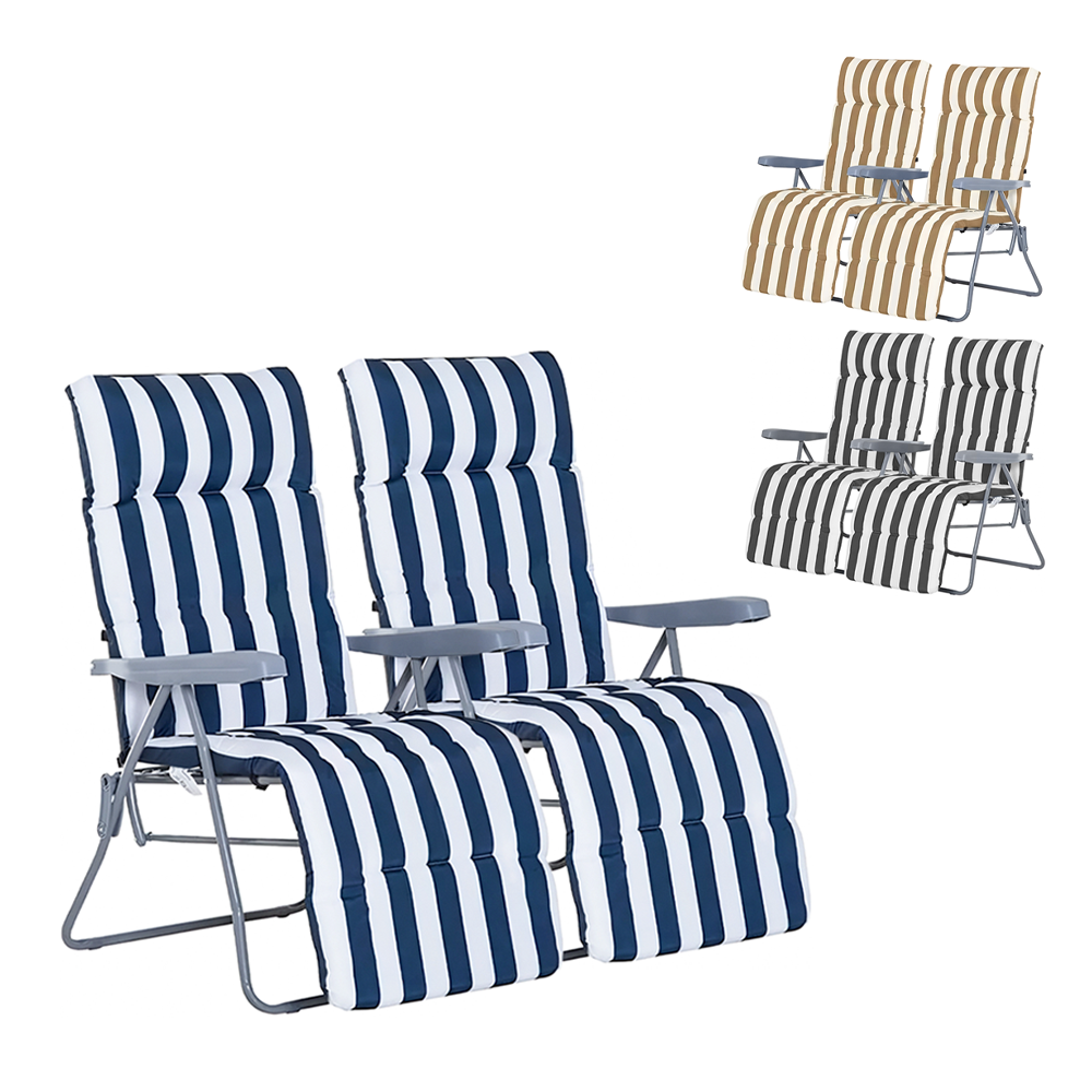 2 chaises plage inclinables acier coussin rembourré à rayures dossier réglable