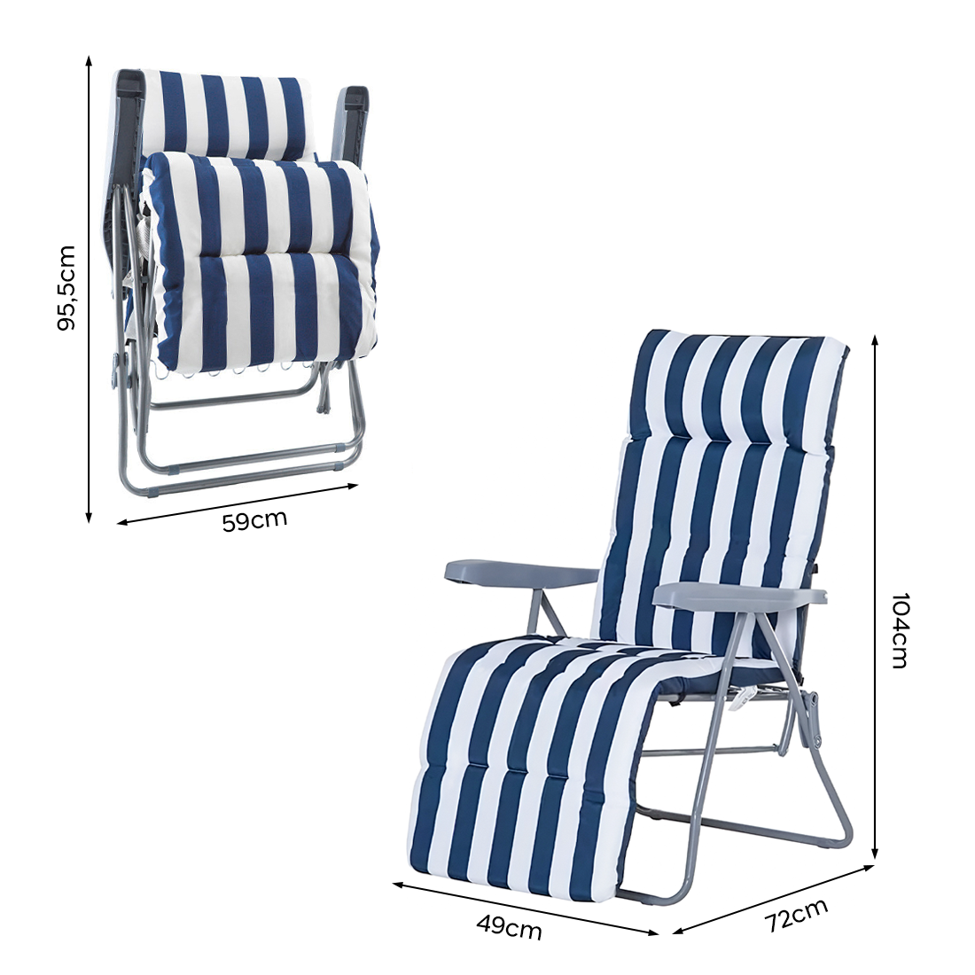 2 chaises plage inclinables acier coussin rembourré à rayures dossier réglable