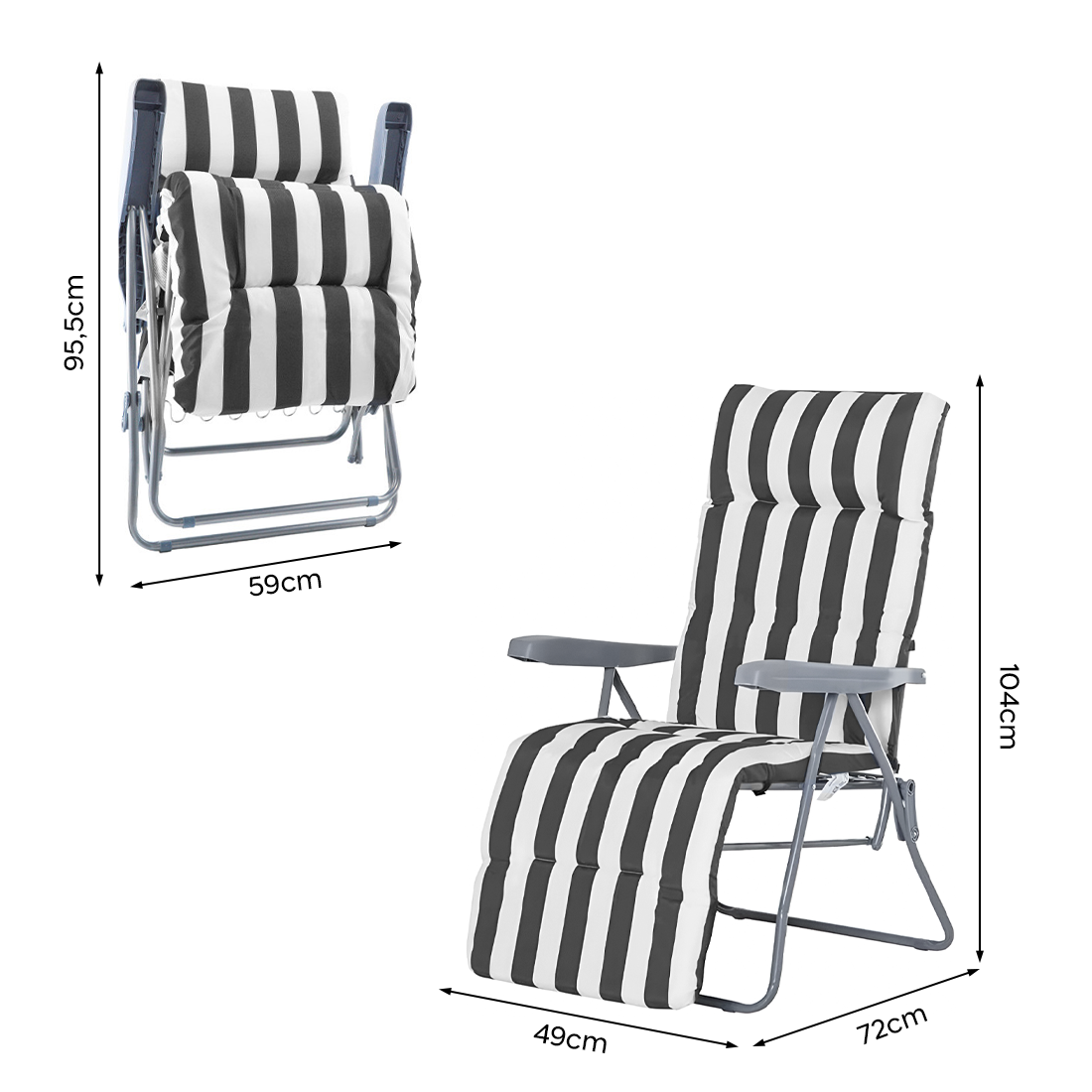 2 chaises plage inclinables acier coussin rembourré à rayures dossier réglable