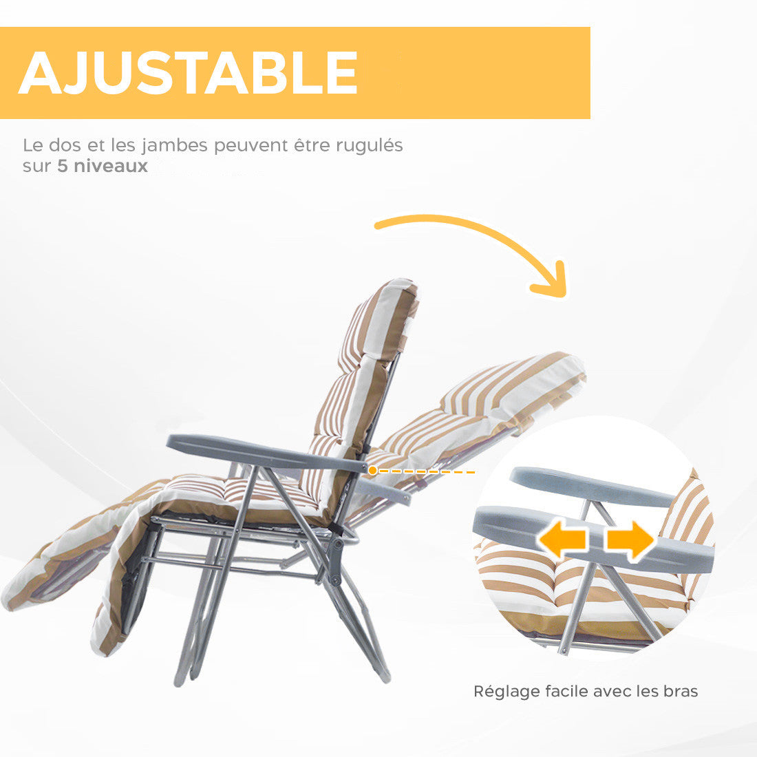2 chaises plage inclinables acier coussin rembourré à rayures dossier réglable