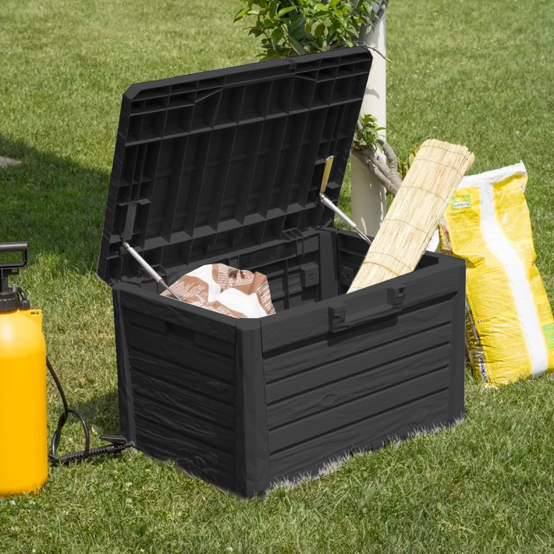 Coffre conteneur Rangement 160 LT en Résine Effet Bois pour Jardin 50.5x46.5x73