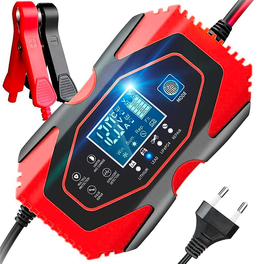 Chargeur batterie voiture moto batteries lithium plomb 12-24V câbles et écran