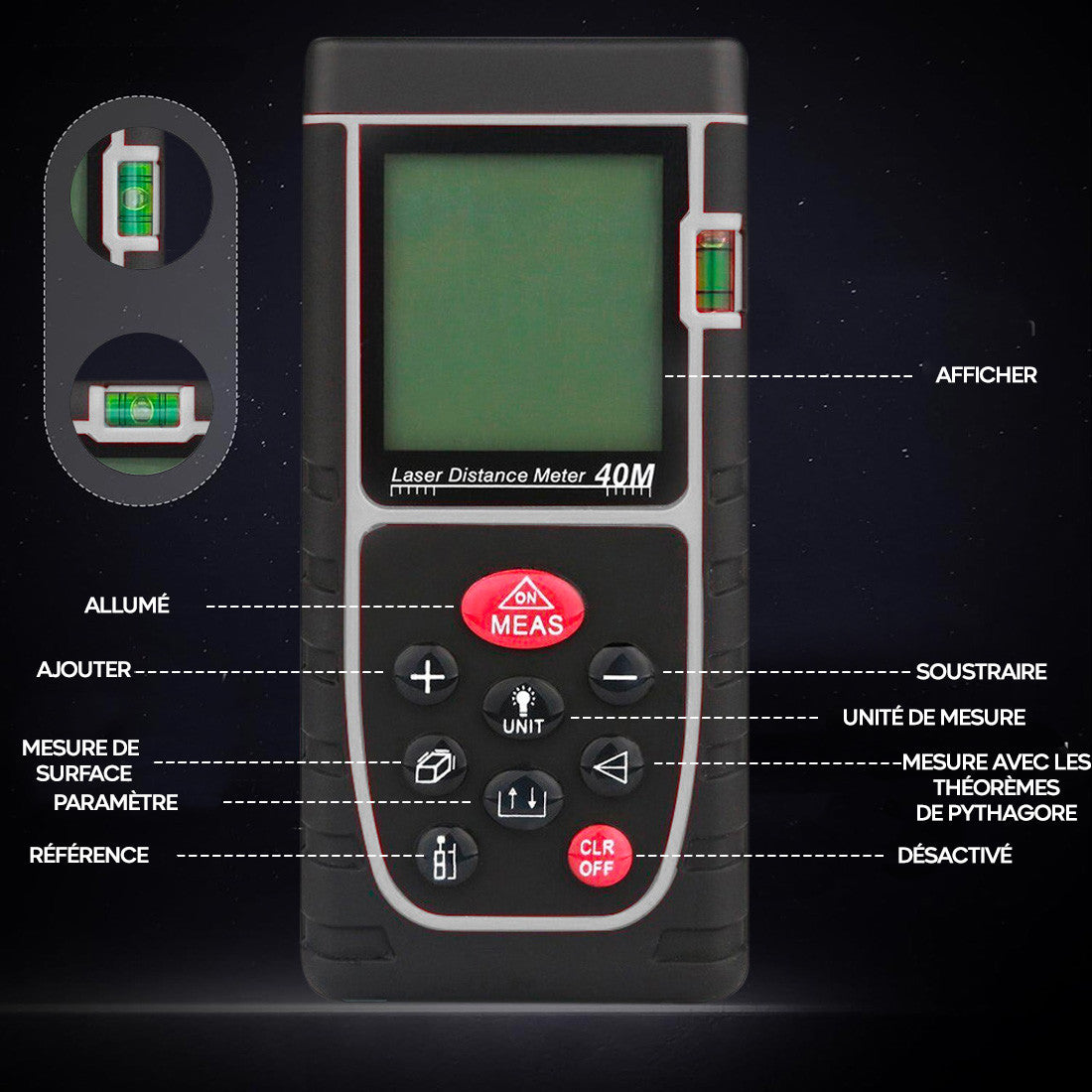 Mesureur de distance laser 40 m avec écran LCD à piles de niveau IP54