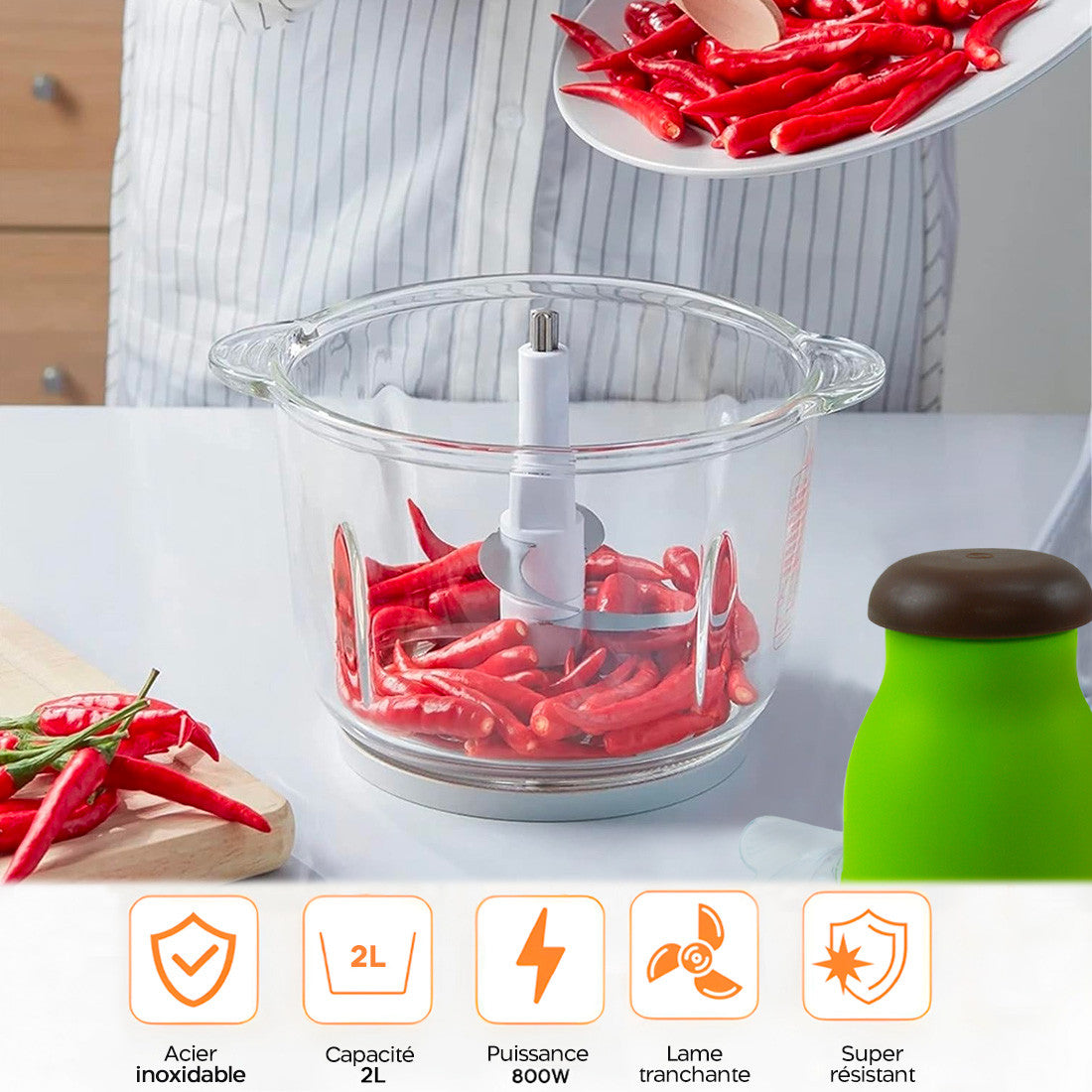 Hachoir et Multifonction Légumes 300W Bol de 2 litres Hache Émince et Mélange